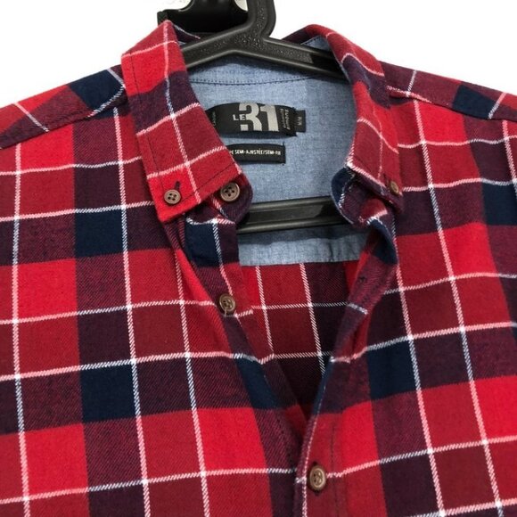 Simons le 31 red navy button down plaid flannel semi fit long sleeve Med - Picture 11 of 14